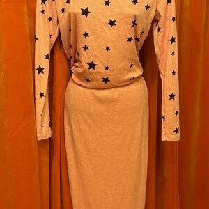 Pink Star Patterned Long Sleeve Top and Pencil Skirt Set